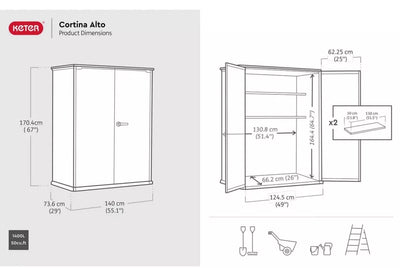 Keter Cortina  Alto 4ft 6" x 2ft 4" (1.4 x 0.7m) 1,415 Litre Vertical Storage Shed With Shelves